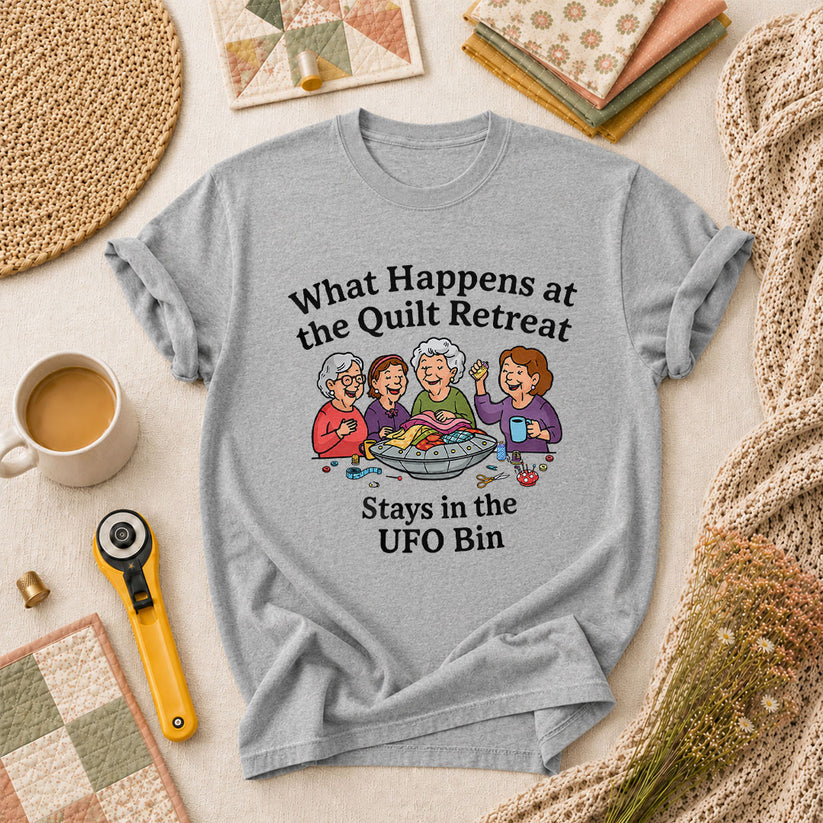 What Happens At The Quilt Retreat Stays In UFO Bin T-Shirt - Athletic Heather