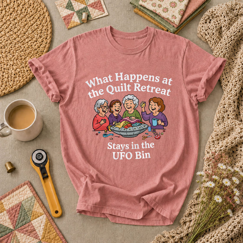 What Happens At The Quilt Retreat Stays In UFO Bin T-Shirt - Heather Mauve