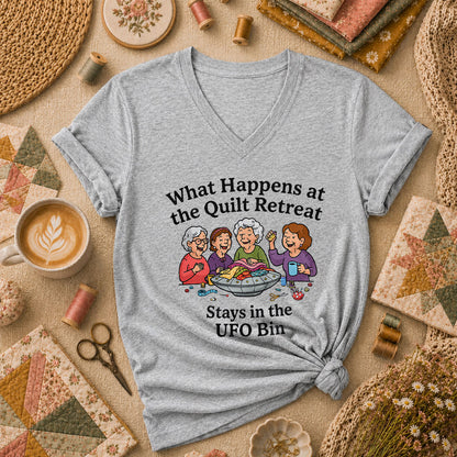 What Happens At The Quilt Retreat Stays In UFO Bin Women's V-Neck - Athletic Heather