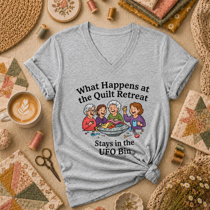 What Happens At The Quilt Retreat Stays In UFO Bin Women's V-Neck - Athletic Heather
