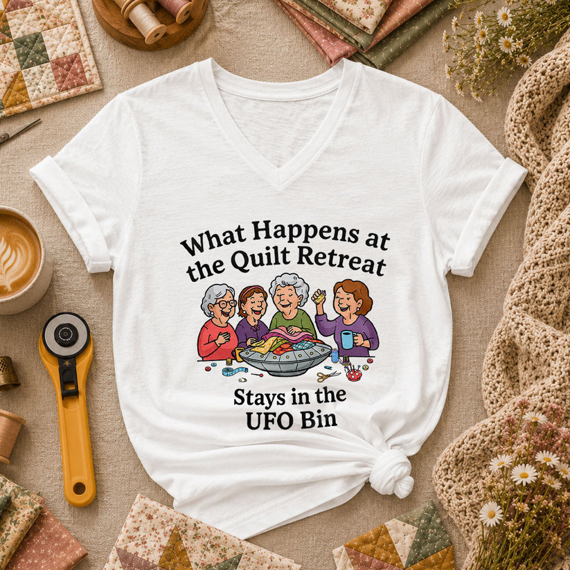 What Happens At The Quilt Retreat Stays In UFO Bin Women's V-Neck - White