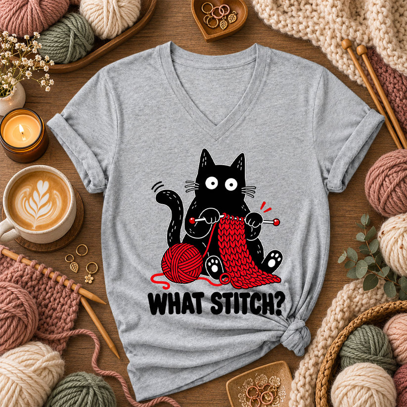 What Stitch Black Cat Women's V-Neck - Athletic Heather
