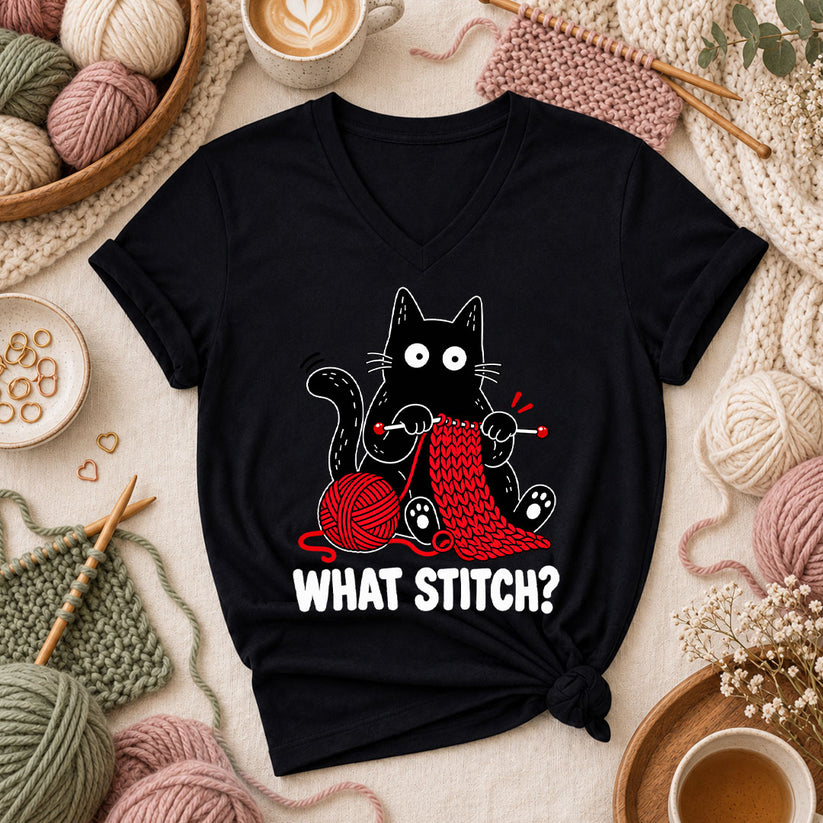 What Stitch Black Cat Women's V-Neck - Black