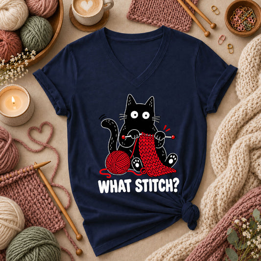 What Stitch Black Cat Women's V-Neck - Navy