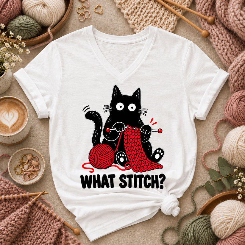 What Stitch Black Cat Women's V-Neck - White