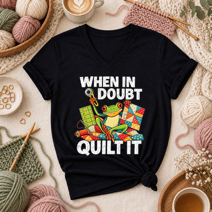 When In Doubt Quilt It Frog Women's V-Neck - Black