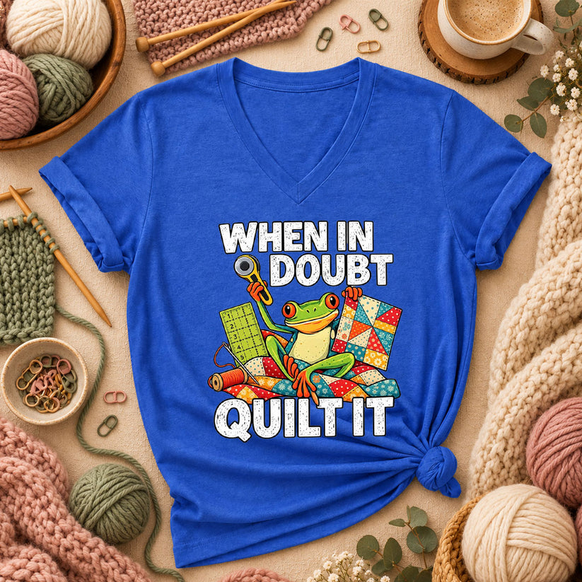 When In Doubt Quilt It Frog Women's V-Neck - Heather True Royal
