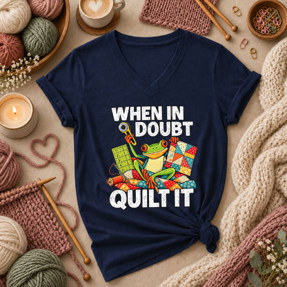 When In Doubt Quilt It Frog Women's V-Neck - Navy