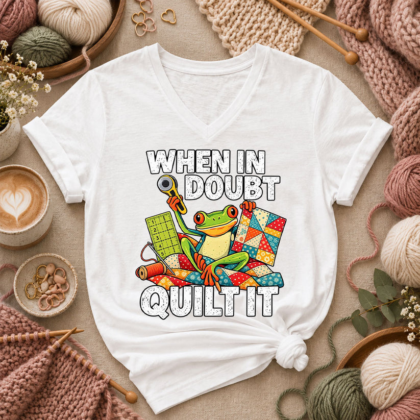 When In Doubt Quilt It Frog Women's V-Neck - White