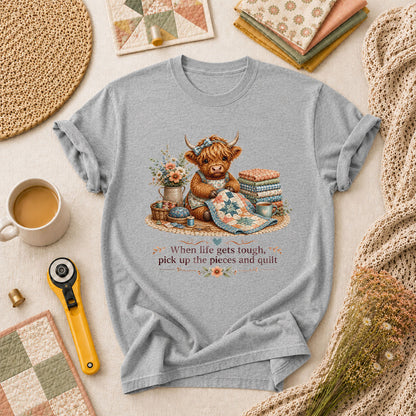 When Life Gets Tough Pick Up The Pieces Highland Cow T-Shirt - Athletic Heather