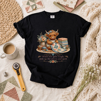 When Life Gets Tough Pick Up The Pieces Highland Cow T-Shirt - Black
