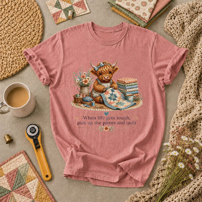 When Life Gets Tough Pick Up The Pieces Highland Cow T-Shirt - Heather Mauve