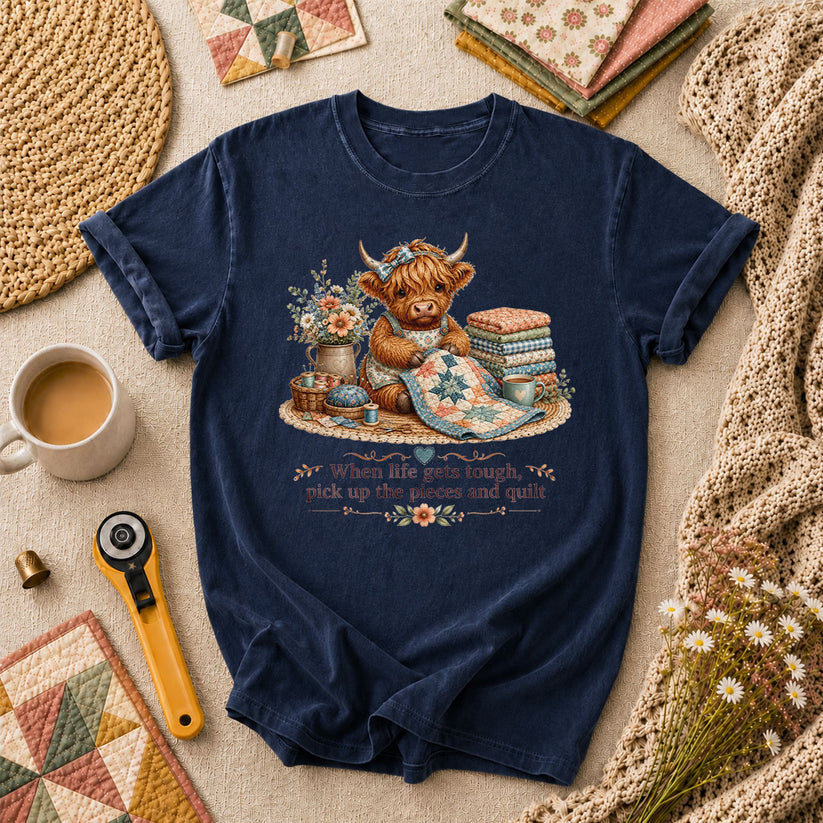 When Life Gets Tough Pick Up The Pieces Highland Cow T-Shirt - Navy