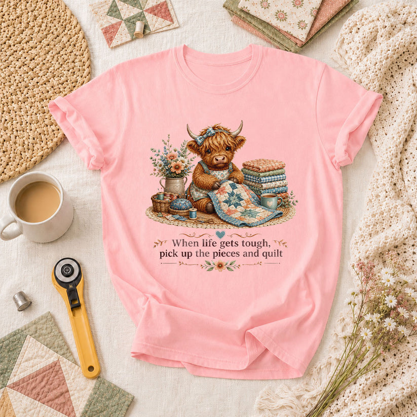 When Life Gets Tough Pick Up The Pieces Highland Cow T-Shirt - Pink