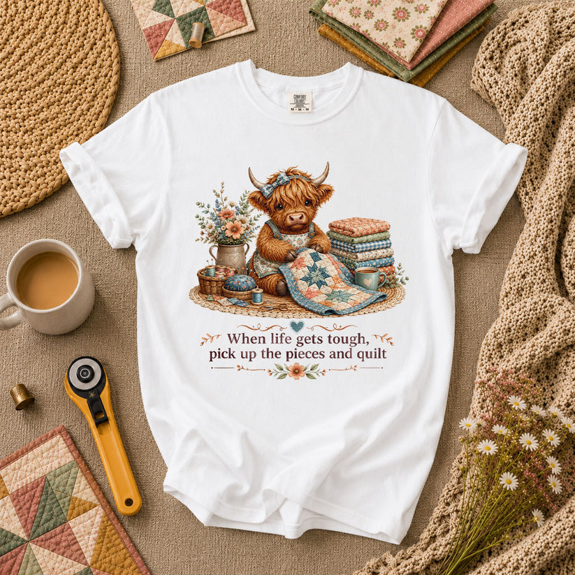 When Life Gets Tough Pick Up The Pieces Highland Cow T-Shirt - White