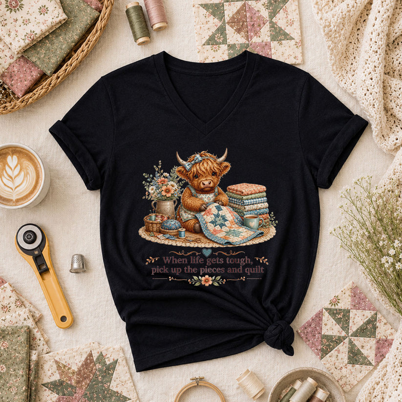 When Life Gets Tough Pick Up The Pieces Highland Cow Women's V-Neck - Black
