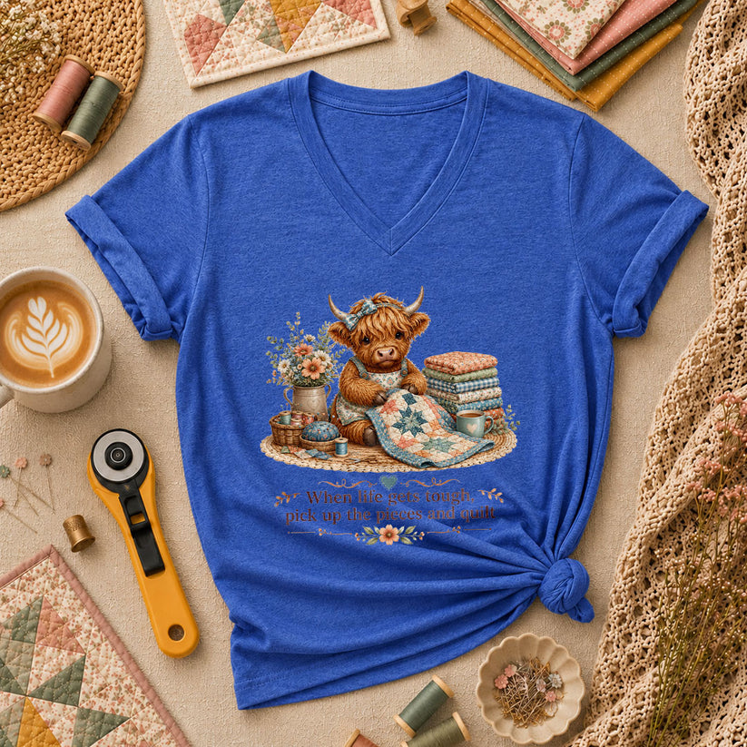 When Life Gets Tough Pick Up The Pieces Highland Cow Women's V-Neck - Heather True Royal