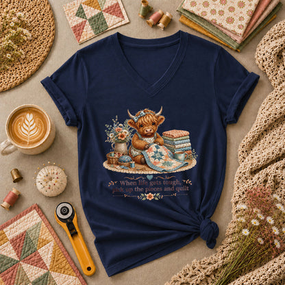 When Life Gets Tough Pick Up The Pieces Highland Cow Women's V-Neck - Navy