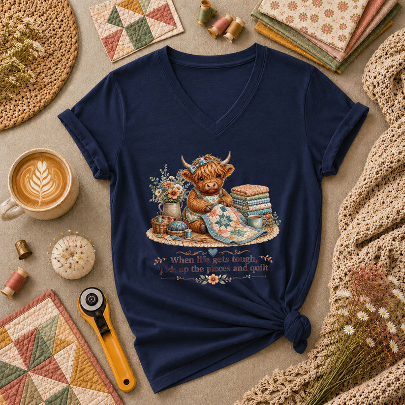 When Life Gets Tough Pick Up The Pieces Highland Cow Women's V-Neck - Navy