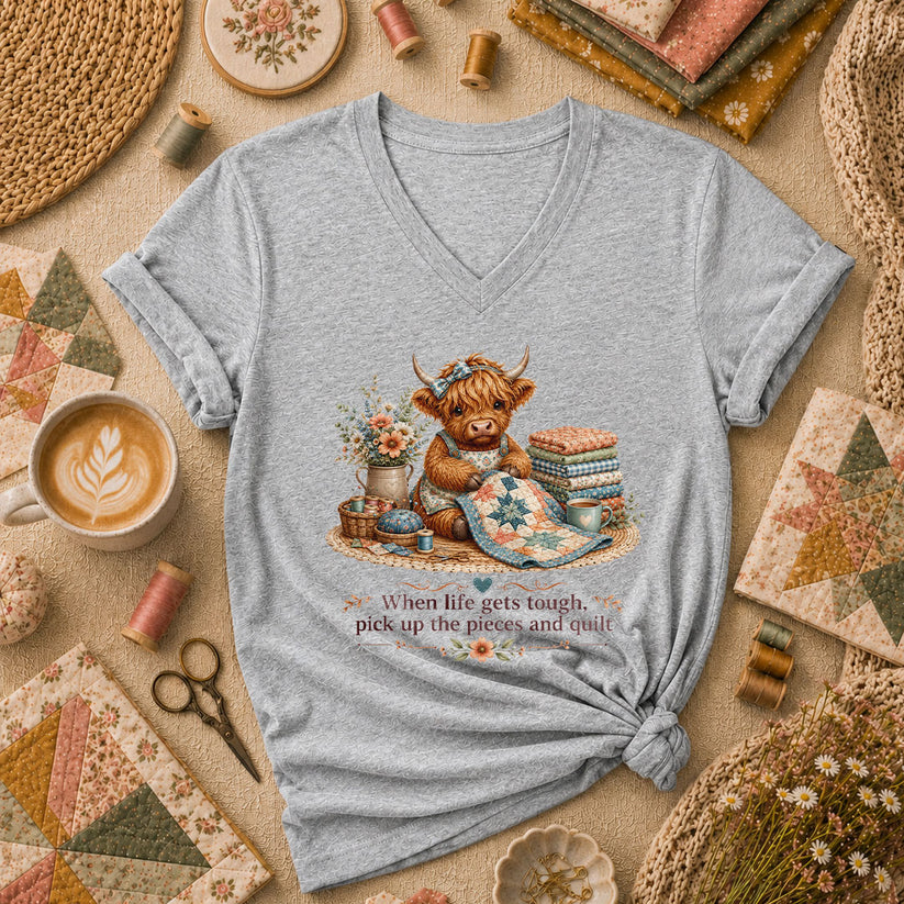 When Life Gets Tough Pick Up The Pieces Highland Cow Women's V-Neck - Sport Grey