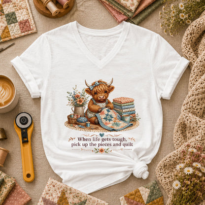 When Life Gets Tough Pick Up The Pieces Highland Cow Women's V-Neck - White