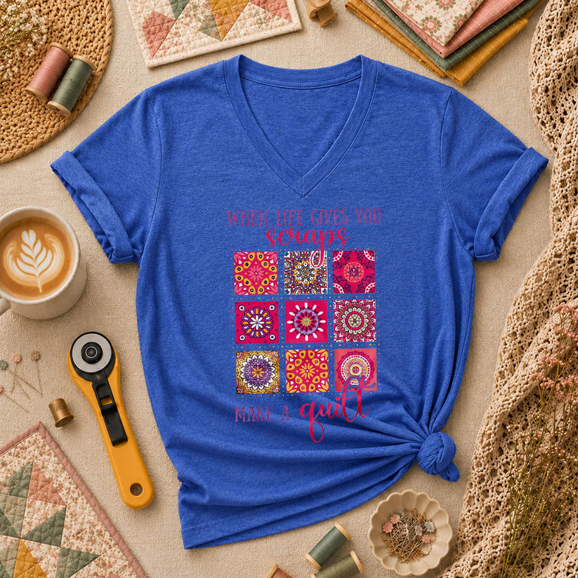 When Life Gives You Scraps Make A Quilt Typography Women's V-Neck - Heather True Royal
