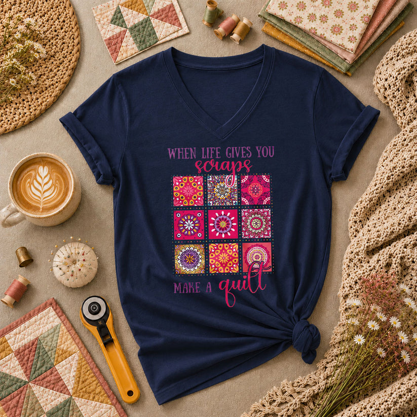 When Life Gives You Scraps Make A Quilt Typography Women's V-Neck - Navy