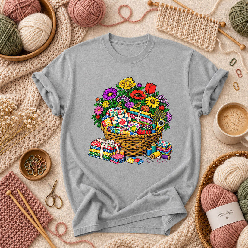 Wildflower Basket With Quilt Blocks And Fabric T-Shirt - Athletic Heather