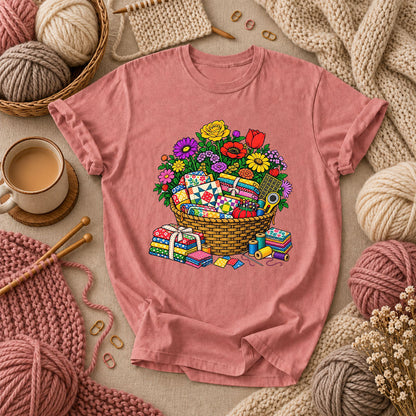 Wildflower Basket With Quilt Blocks And Fabric T-Shirt - Heather Mauve