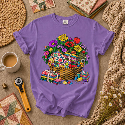 Wildflower Basket With Quilt Blocks And Fabric T-Shirt - Heather Team Purple