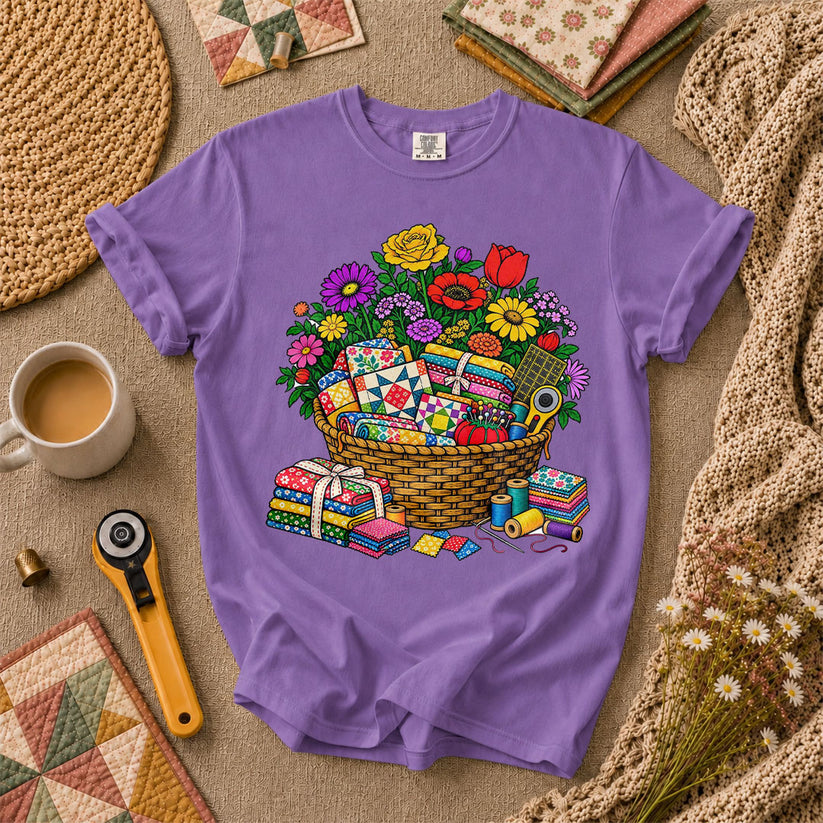 Wildflower Basket With Quilt Blocks And Fabric T-Shirt - Heather Team Purple