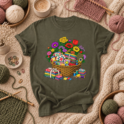 Wildflower Basket With Quilt Blocks And Fabric T-Shirt - Military Green