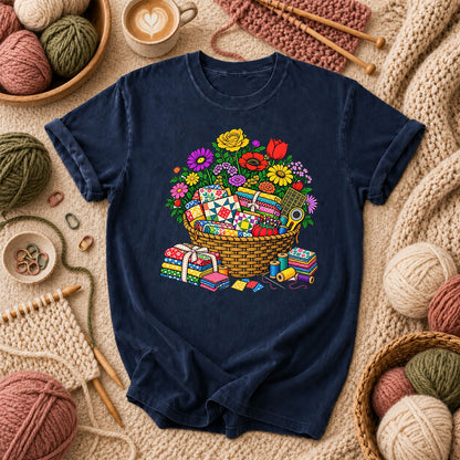 Wildflower Basket With Quilt Blocks And Fabric T-Shirt - Navy