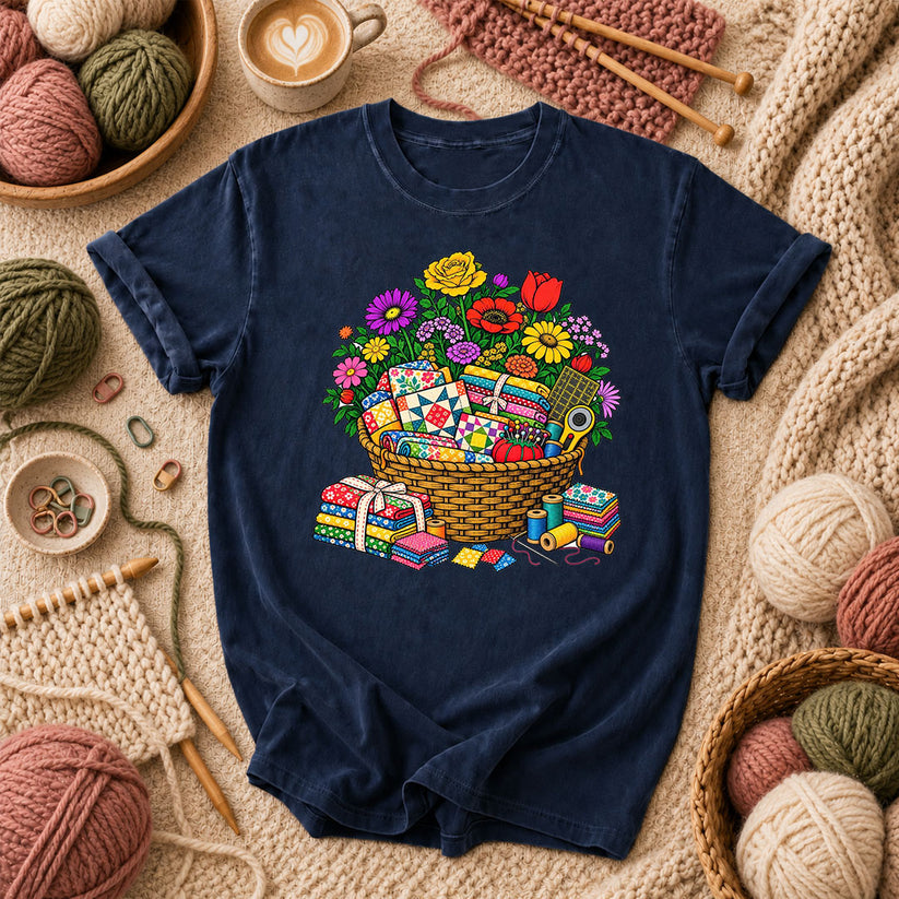 Wildflower Basket With Quilt Blocks And Fabric T-Shirt - Navy