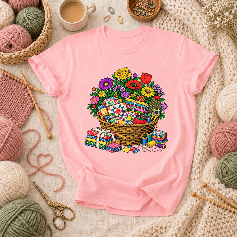 Wildflower Basket With Quilt Blocks And Fabric T-Shirt - Pink