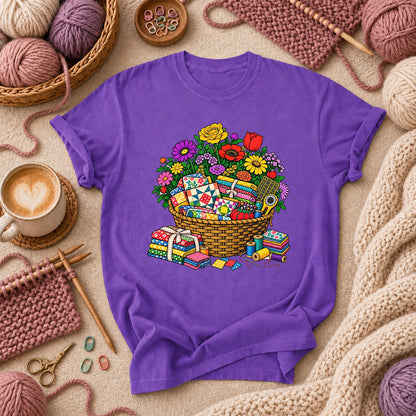 Wildflower Basket With Quilt Blocks And Fabric T-Shirt - Purple