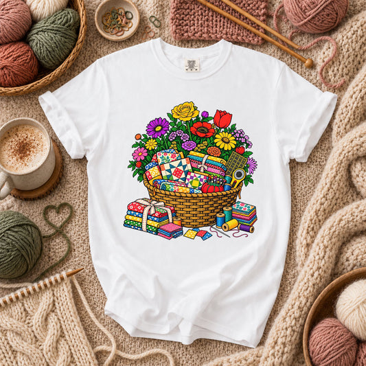 Wildflower Basket With Quilt Blocks And Fabric T-Shirt