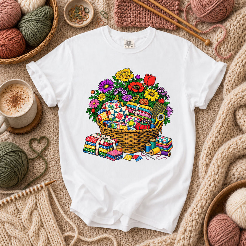 Wildflower Basket With Quilt Blocks And Fabric T-Shirt - White