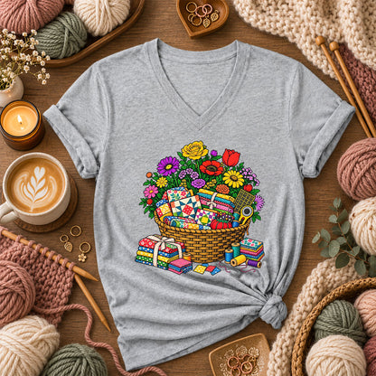 Wildflower Basket With Quilt Blocks And Fabric Women's V-Neck - Athletic Heather