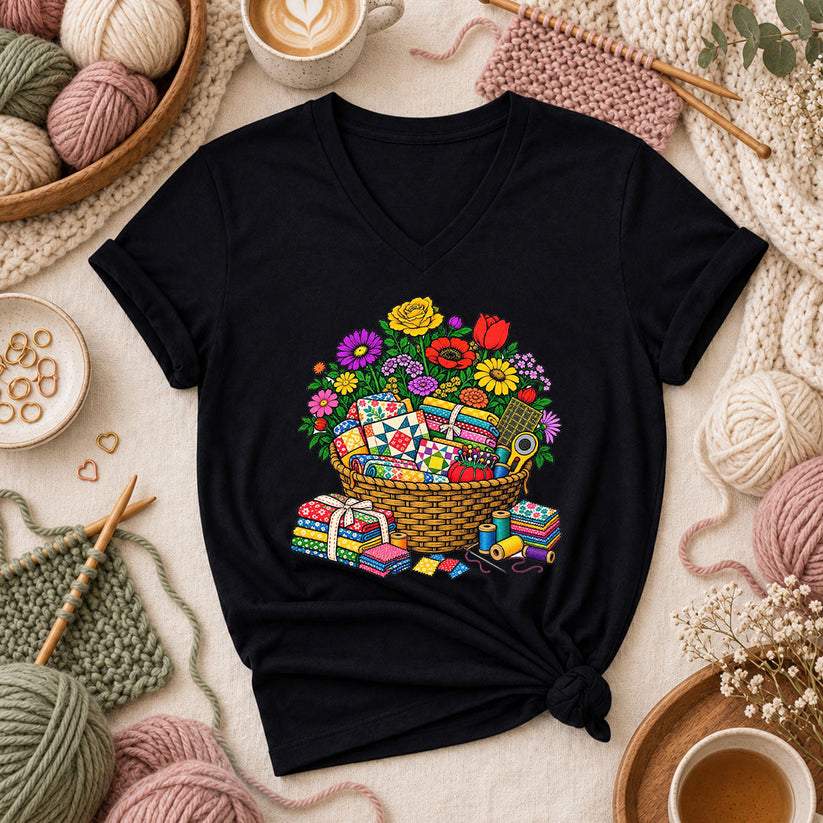 Wildflower Basket With Quilt Blocks And Fabric Women's V-Neck - Black