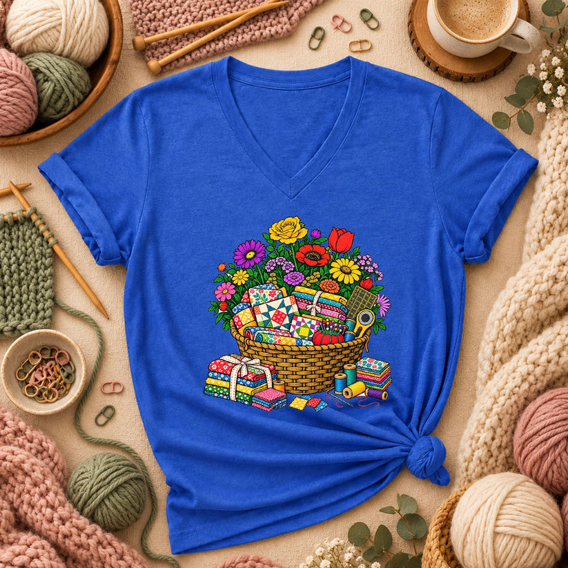Wildflower Basket With Quilt Blocks And Fabric Women's V-Neck - Heather True Royal
