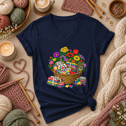 Wildflower Basket With Quilt Blocks And Fabric Women's V-Neck - Navy
