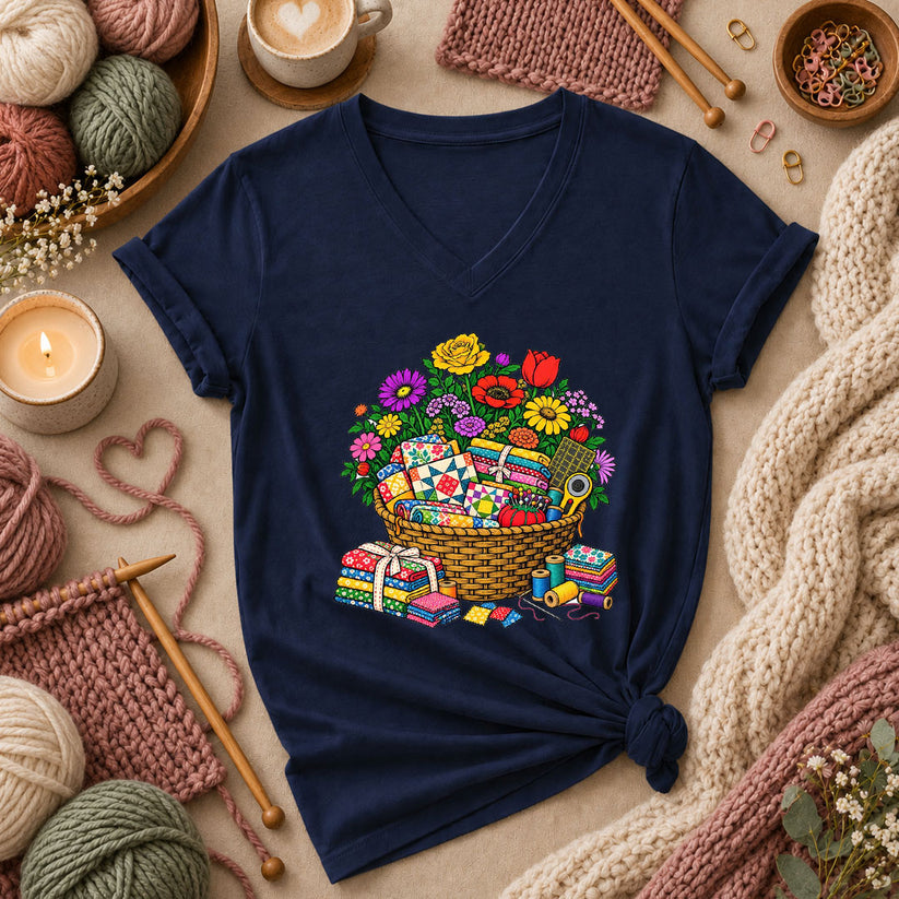 Wildflower Basket With Quilt Blocks And Fabric Women's V-Neck - Navy