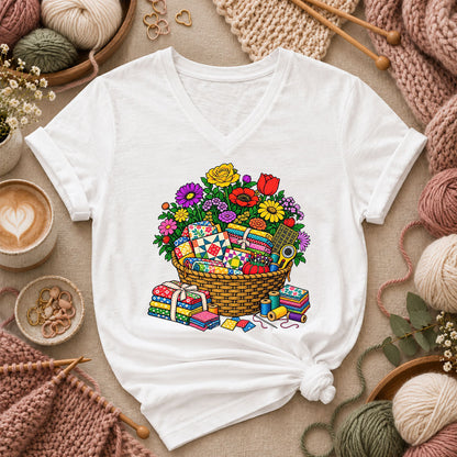 Wildflower Basket With Quilt Blocks And Fabric Women's V-Neck - White