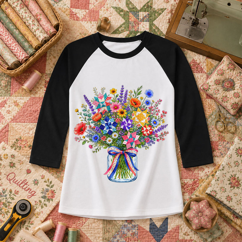 Wildflower Bouquet Quilt Star Mason Jar Raglan Sleeve - Black