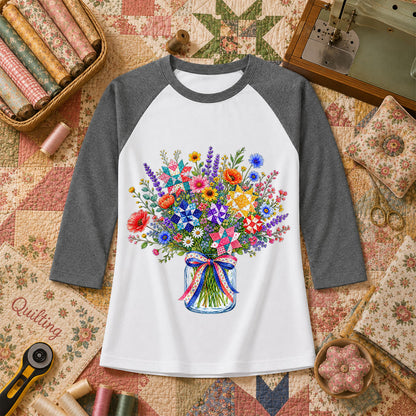Wildflower Bouquet Quilt Star Mason Jar Raglan Sleeve - Deep Heather