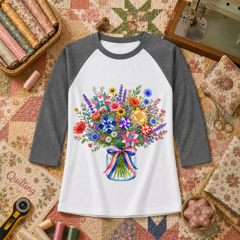 Wildflower Bouquet Quilt Star Mason Jar Raglan Sleeve - Deep Heather