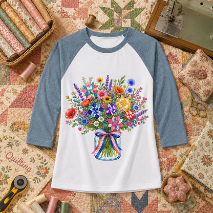 Wildflower Bouquet Quilt Star Mason Jar Raglan Sleeve - Denim