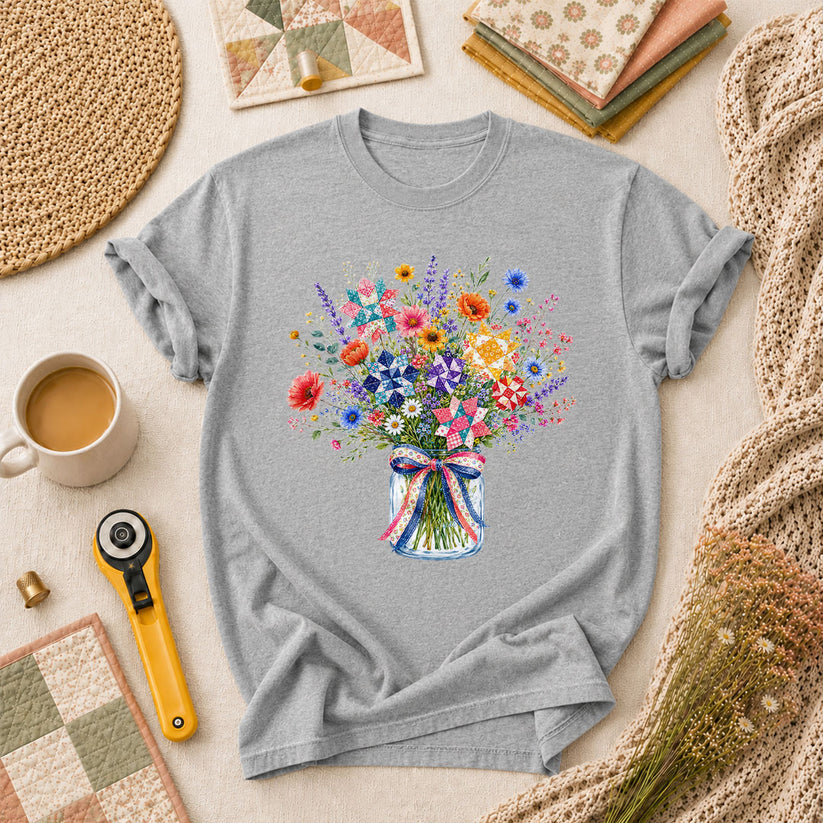 Wildflower Bouquet Quilt Star Mason Jar T-Shirt - Athletic Heather