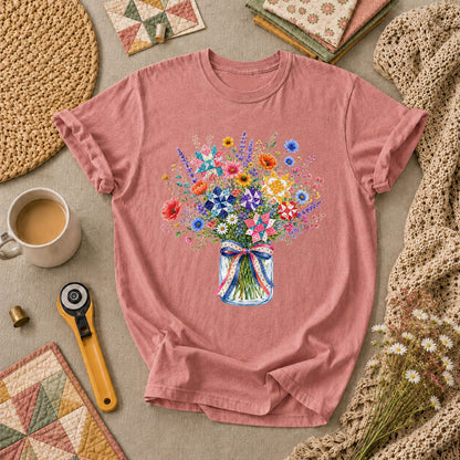 Wildflower Bouquet Quilt Star Mason Jar T-Shirt - Heather Mauve